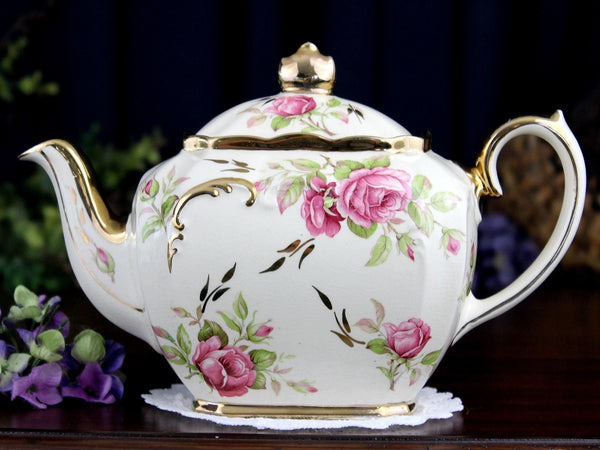 Sadler Cube Teapot, Pink Cabbage Roses Motif, Sadler Tea Pot, Pattern 1949 - 18355