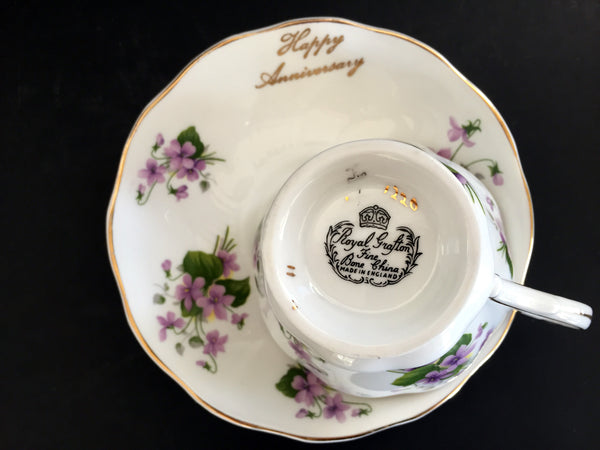 Royal Grafton Teacup, Happy Anniversary Tea Cup and Saucer, England -K