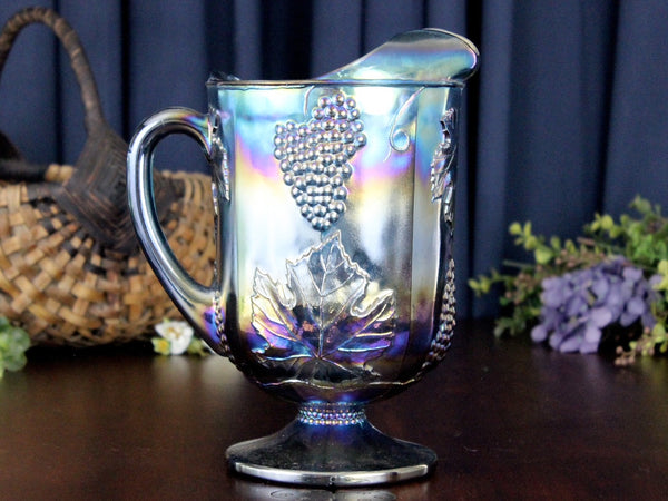 Vintage Indiana Carnival Glass Pitcher, Iridescent Blue Harvest Grape -J