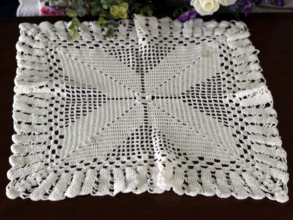 15 Inch Large Crochet Square Doily or Centerpiece in White, Chunky Thread, Hand Crocheted - 17093 - The Vintage TeacupDoilies