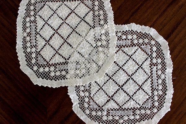 2 Filet Lace Doilies, Filet Worked Lace, Needle Lace, Tray Cloth, Handmade Doilies 15553 - The Vintage TeacupDoilies