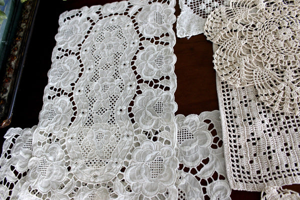 6 Vintage Crochet Doilies, Ecru Mix, Handmade Placemats, Doily Lot 15769 - The Vintage TeacupDoilies
