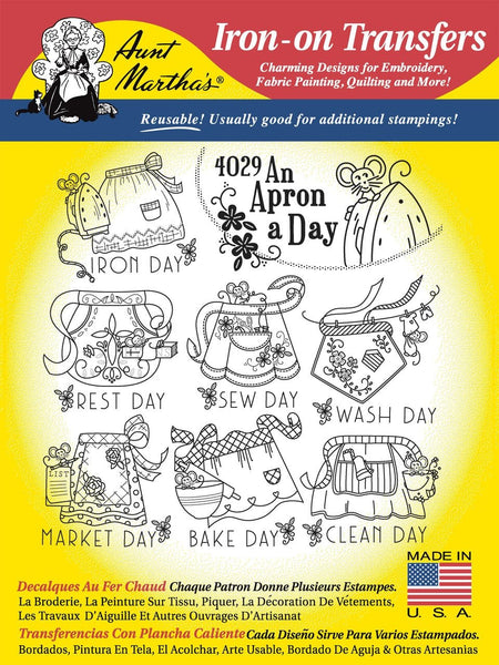 An Apron a Day, 4029, Transfer Pattern, Hot Iron Transfers, NEW Uncut, Unopened Transfers, Aunt Martha's®, Days of the Week Patterns - The Vintage TeacupHot Iron Transfers