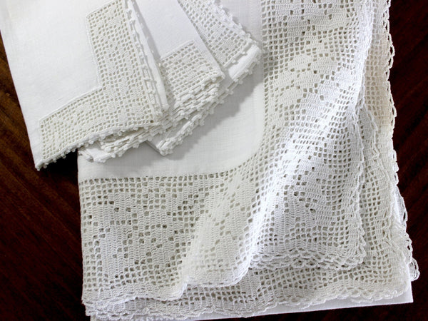 Antique Tablecloth, Linen Table Cloth Handmade Filet Crocheted Accent and Edges 15031 - The Vintage TeacupTablecloth