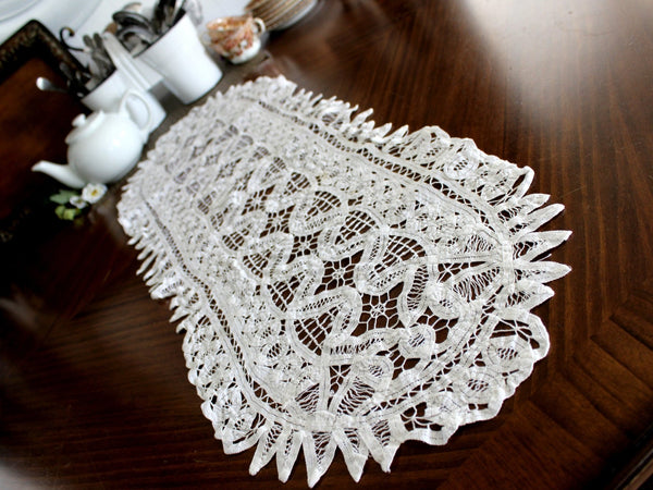 Battenburg Lace Table Runner, White Lace Table Scarf, Vintage Linens 14362 - The Vintage TeacupTable Runners