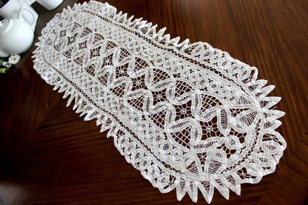 Battenburg Lace Table Runner, White Lace Table Scarf, Vintage Linens 14362 - The Vintage TeacupTable Runners