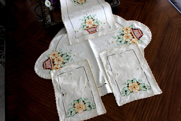 Embroidered Table Runners and Doilies, Light Ecru Linen Table Dresser Set 14598 - The Vintage TeacupTable Runners