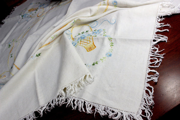 Embroidered Tablecloth, Wheat Colored Linen Table Cloth, 12350 - The Vintage TeacupTablecloth