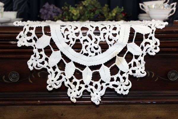 Table Runner with Knotted Crochet Work, Tight Leaves and Spirals, White Crochet Table Scarf 17947
