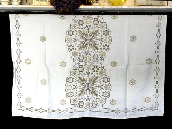 Embroidered Linen Tablecloth, Large Table Cloth, Vintage Linens, Cross Stitched 18018