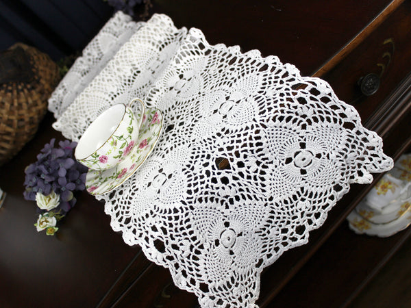 Crochet Table Runner, White Vintage Table Linens, Long White Runner 18305