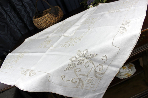 Small Linen Tablecloth, Drawnwork, Pulled Work, Table Cloth 18285