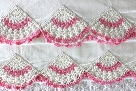 King Cotton Pillow Cases, Pink Crochet Insert & Edging, Pillowcases Matching Pair, Vintage Bed Linens 16960 - The Vintage TeacupVintage Pillowcases