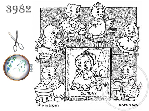 Kitten Chores, 3982, Aunt Martha's®, Vintage Embroidery, Transfer Pattern, Hot Iron Transfers, Kitten Embroidery - The Vintage TeacupHot Iron Transfers