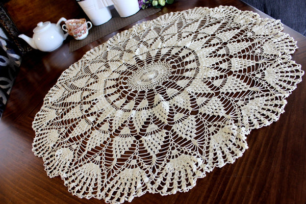 Large Crochet Topper, Large Crocheted Centerpiece, Cream Table Cover 14284 - The Vintage TeacupTablecloth