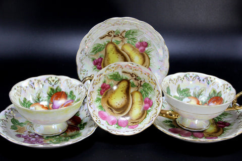 Opalescent Teacups, 3 Pearlized Tea Cups and Saucers, Fruit Motif Mixed 14226 - The Vintage TeacupTeacups