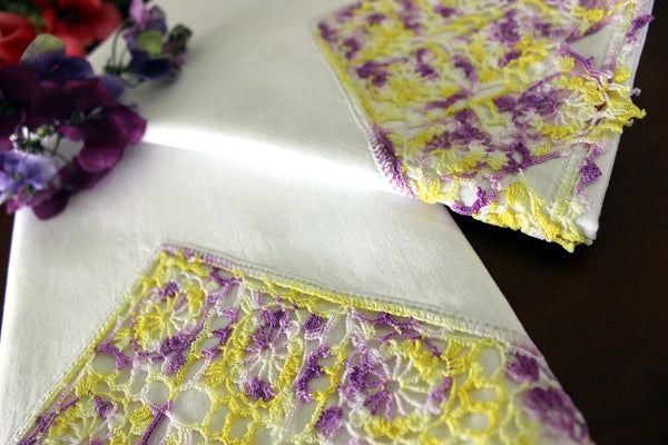 Pillowcases Matching Pair, Vintage Bed Linens, Cotton Pillow Cases, Variegated Yellow and Purple Crochet Insert & Edging 17018 - The Vintage TeacupVintage Pillowcases