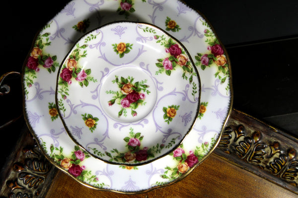 Royal Albert Tea Cup, Saucer & Side Plate, Rose Cameo Violet Teacup, English China -J - The Vintage TeacupTeacups