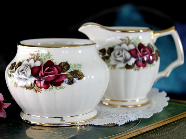 Sadler Creamer & Sugar, English Bone China, Red & White Roses 15975 - The Vintage TeacupAccessories