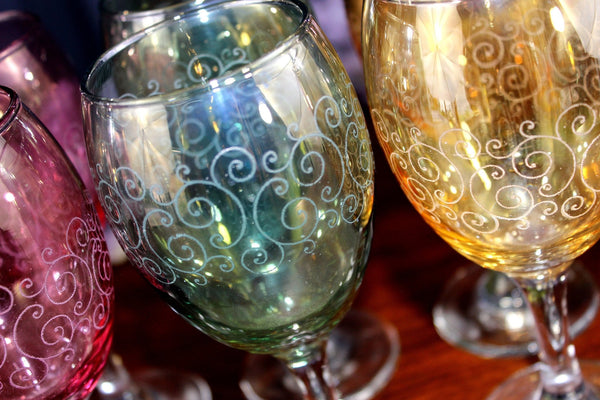 Set of 6 Colorful Stemmed Wine Glasses, Etched Wave Design, 3 Colors 17665 - The Vintage TeacupAntique & Vintage