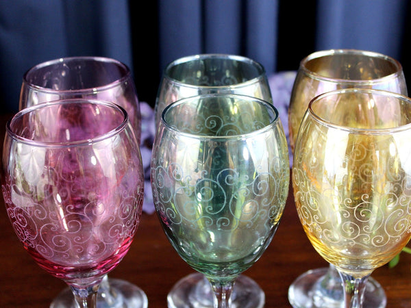 Set of 6 Colorful Stemmed Wine Glasses, Etched Wave Design, 3 Colors 17665 - The Vintage TeacupAntique & Vintage
