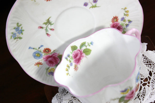 Shelley Cup & Saucer, Dainty Shape, Pink Trims, Vintage Teacups 18223 - The Vintage TeacupTeacups