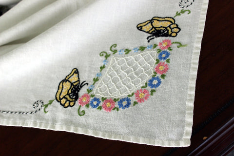 Small Linen Tablecloth, Hand Embroidered, Off White Table Cloth, Card Table Cloth 17059 - The Vintage TeacupTablecloths