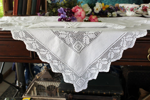 Small Tablecloth, Wedding White, Vintage Linen Embroidered and Filet Crocheted Windows 17067 - The Vintage TeacupTablecloths