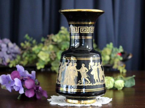 Spathas Keramik, Black Vase, Handmade Greece, 24K Gold, Grecian Figures 17918 - The Vintage TeacupAntique & Vintage