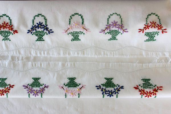 UNFINISHED Embroidered Pillowcases, Vintage Pillow Case Set, White Cotton, Unhemmed, Uncut to Size 16778 - The Vintage TeacupVintage Pillowcases