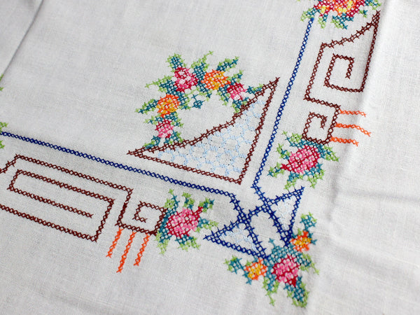 Vintage Tablecloth, Cross Stitched, Small Linen Table Cloth, 12347 - The Vintage TeacupTablecloth