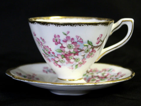 Pink Blossom Tea Cup and Saucer, Clare Teacup, English Bone China -J