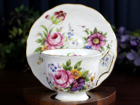 Aynsley Tea Cup, Floral Teacup and Saucer, Crocus Shaped, English Bone China -K24