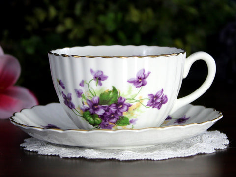 Radfords Tea Cup and Saucer - Violets, Ribbed Teacup, England -K24