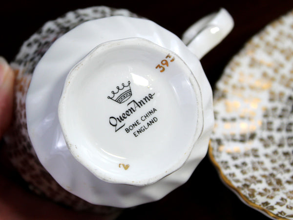 Queen Anne Tea Cup, Lily of The Valley, Gilt Chintz Teacup & Saucer K-24