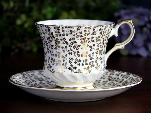 Queen Anne Tea Cup, Lily of The Valley, Gilt Chintz Teacup & Saucer K-24