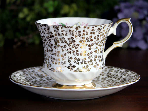 Queen Anne Tea Cup, Lily of The Valley, Gilt Chintz Teacup & Saucer K-24