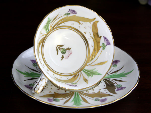 Royal Chelsea, Thistle Tea Cup & Saucer Set, Wide Mouthed, High Handled Teacup -K24