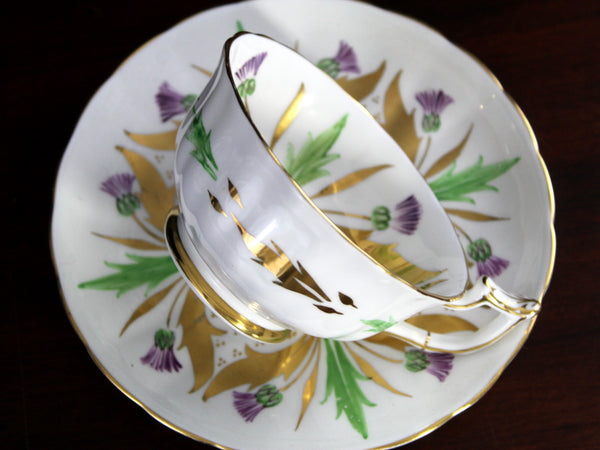 Royal Chelsea, Thistle Tea Cup & Saucer Set, Wide Mouthed, High Handled Teacup -K24