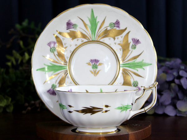 Royal Chelsea, Thistle Tea Cup & Saucer Set, Wide Mouthed, High Handled Teacup -K24