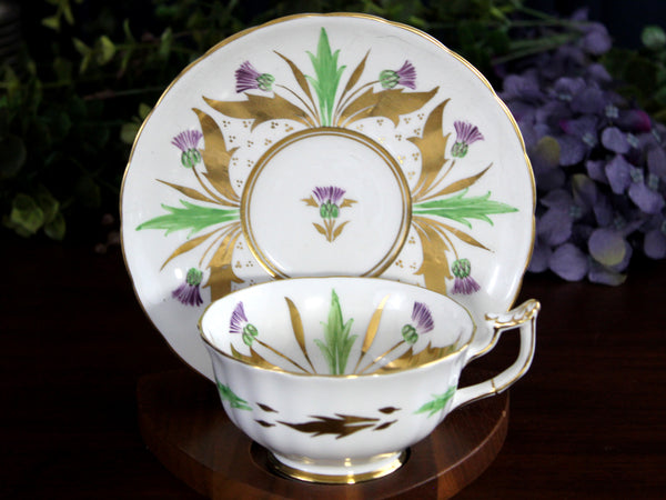 Royal Chelsea, Thistle Tea Cup & Saucer Set, Wide Mouthed, High Handled Teacup -K24