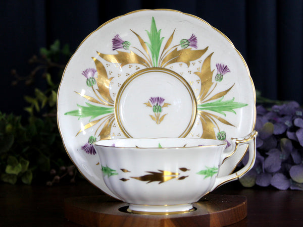 Royal Chelsea, Thistle Tea Cup & Saucer Set, Wide Mouthed, High Handled Teacup -K24