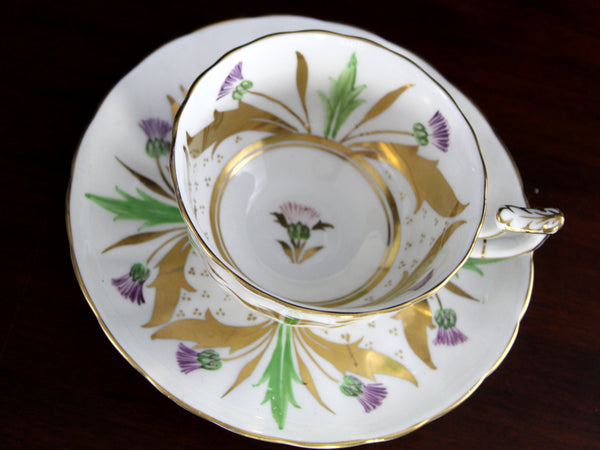 Royal Chelsea, Thistle Tea Cup & Saucer Set, Wide Mouthed, High Handled Teacup -K24