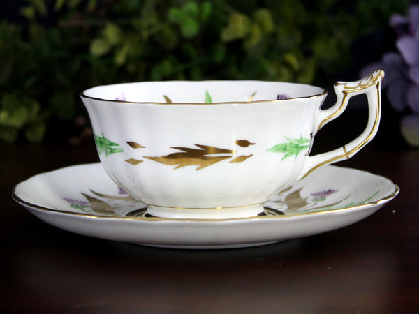 Royal Chelsea, Thistle Tea Cup & Saucer Set, Wide Mouthed, High Handled Teacup -K24