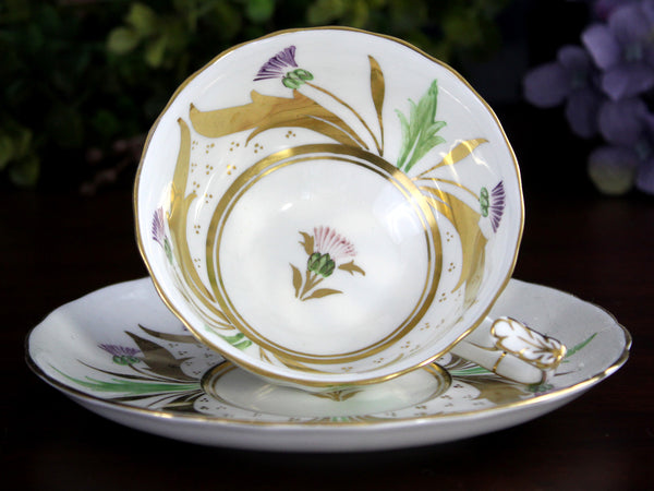 Royal Chelsea, Thistle Tea Cup & Saucer Set, Wide Mouthed, High Handled Teacup -K24