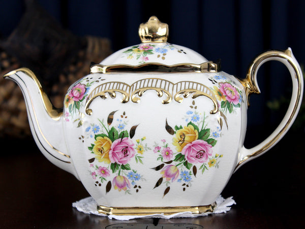 Sadler Cube Teapot, Cabbage Roses Transferware, 1930s Sadler Tea Pot 18281