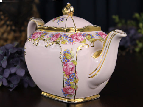 Pink Cube Sadler Tea Pot, 1940s Pink Roses, Cubed Teapot