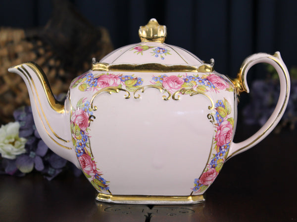 Pink Cube Sadler Tea Pot, 1940s Pink Roses, Cubed Teapot