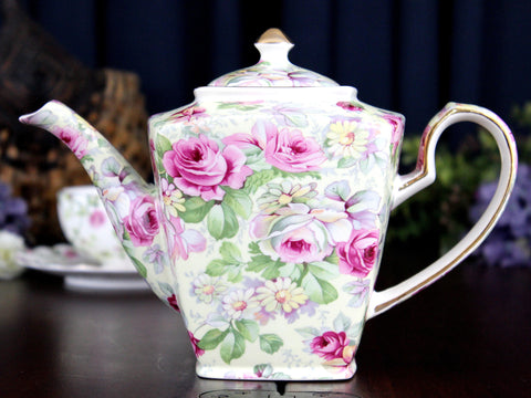 Tall Chintz Teapot, Arthur Wood Tea Pot, Large 4 Cup Capacity, Dreamy Roses