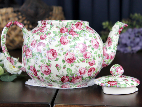 Heron Cross Chintz Tea Pot, Pink Roses Teapot, Pot Bellied, 4 Cup Pot